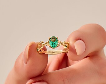 14k gouden botanische smaragd verlovingsring, massief gouden groene Solitaire ring, sierlijke natuur geïnspireerde ring, minimalistische bloemenring, handgemaakt