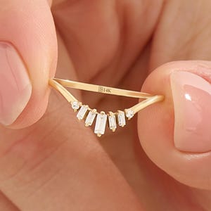 Curved Wedding Ring for Women • 14k Solid Gold Baguette Diamond Arch Enhancer • Dainty Nesting Band • Minimalist Wave Ring 18k 10k Option