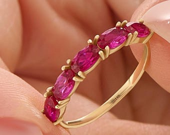 14K Solid Gold Ruby Ring, 5 Stone Ruby Band, July Birthstone Ring, Dainty Stacking Ring, Minimalist Gold Ring for Women, Birthday Gifts
