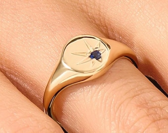 14K Solid Gold North Star Signet Ring, Celestial Blue Sapphire Pinky Ring, Starburst Ring for Women - Meaningful Graduation Gift, Star Band