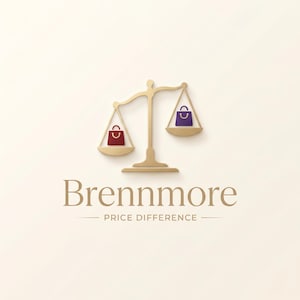 May include: A gold-colored scale with two shopping bags, one red and one purple, in the balance pans. The word "Brennmore" is below the scale, with "PRICE DIFFERENCE" underneath.