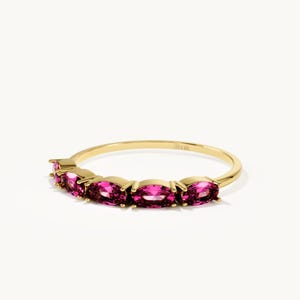 14K Solid Gold Ruby Ring, 5 Stone Ruby Band, July Birthstone Ring, Dainty Stacking Ring, Minimalist Gold Ring for Women, Birthday Gifts