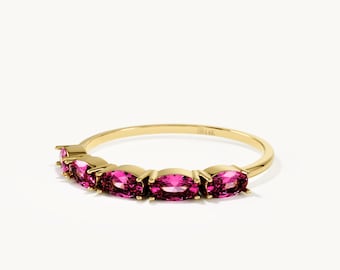 14K Solid Gold Ruby Ring, 5 Stone Ruby Band, July Birthstone Ring, Dainty Stacking Ring, Minimalist Gold Ring for Women, Birthday Gifts