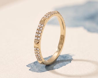14K Solid Gold Moissanite Pave Band | Double Row Stacking Ring, Pyramid Spike Wedding Band