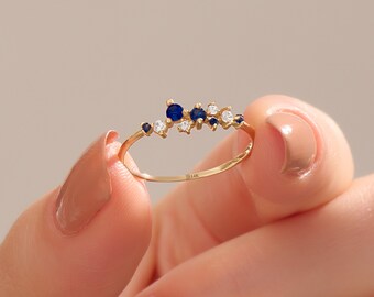 Sapphire Cluster Ring, 14k Solid Gold Blue Promise Ring, Minimalist Wedding Stacking Ring, September Birthstone Ring, Handmade Jewelry Gifts