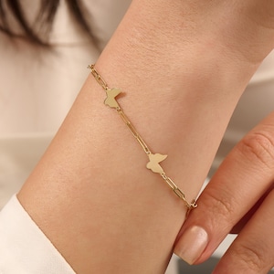 Pulseira de ouro maciço 14K com pingente de borboleta para mulheres Pulseira de ouro empilhável Pulseira de corrente para o dia a dia Joia de ouro 14K Presente para ela