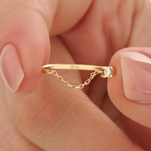 Anillo de cadena abierta de oro macizo de 14k, joyería minimalista y delicada para mujer, anillo de eslabones ajustables, regalo de aniversario para ella.