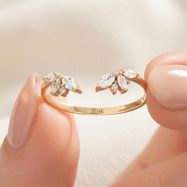 14K Solid Gold Open Wedding Band Ring, Marquise Cut Lab Diamond CZ Cuff Ring, Minimal Stackable Wedding Ring for Women