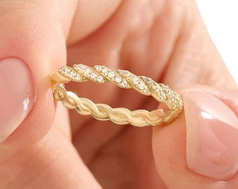 14k massivt guld tvinnad vigselring | Alliansring för kvinnor, Moissanit rep jubileumsring