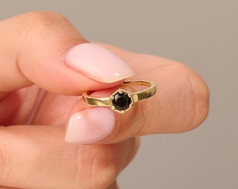 Stunning Black Engagement Ring, 14k Solid Gold Pinky Ring with Black Stone, Real Gold Rings for Women, Dainty Statement Band Ring