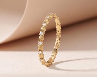 14K Solid Gold Scallop Eternity Ring, Moissanite Shell Wedding Band, Art Deco Stacking Ring, Nautical Inspired Jewelry, Anniversary Gift