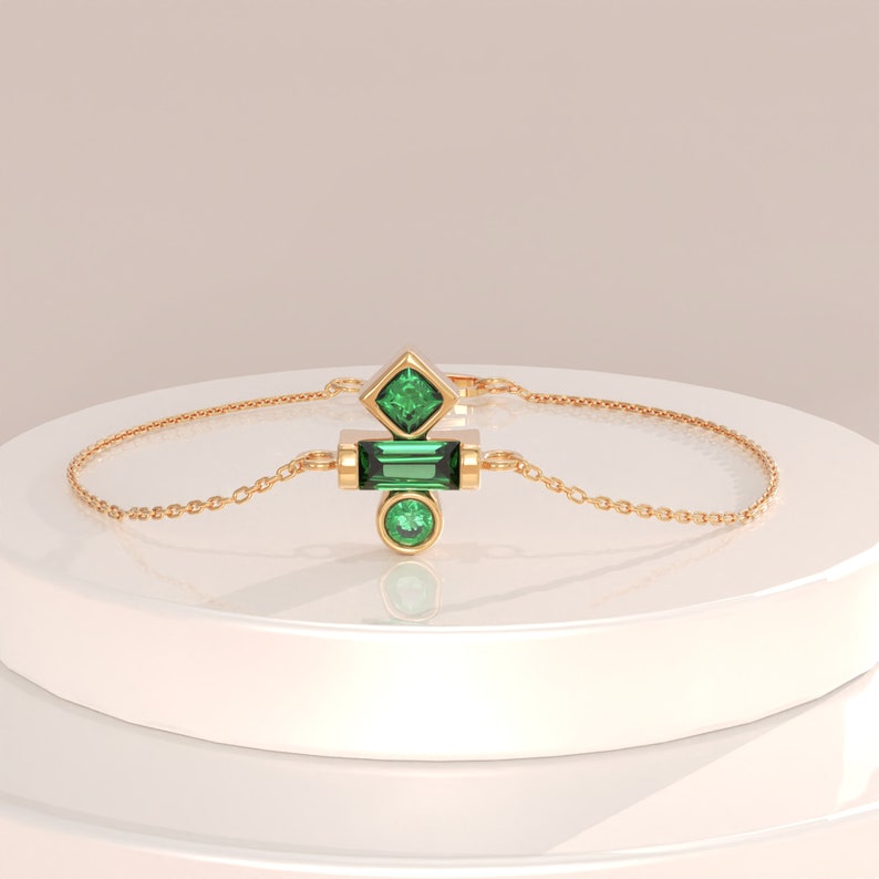 14k Gold Emerald Charm Bracelet, Solid Gold May Birthstone Bracelet, Womens Minimalist Green Bracelet, Dainty Emerald Stacking Bracelet image 6