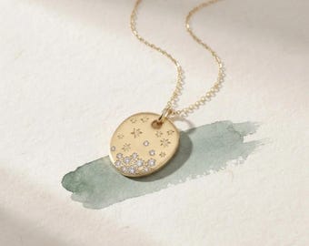 14K Solid Gold Lab Diamond Starry Night Necklace | Organic Disc Pendant, Celestial Night Sky