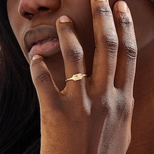 14K Solid Gold Sunburst Signet Ring | Gold Celestial Sun Ray Pinky Ring for Women