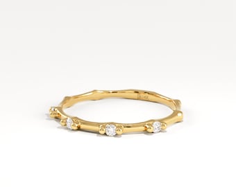 14K Solid Gold Bamboo Diamond Ring, Nature Inspired Stackable Band, Organic Minimalist Jewelry, Gift for Her