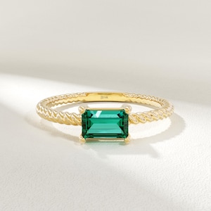 Emerald Engagement Ring 14k Solid Gold, Baguette Cut Solitaire May Birthstone Ring for Women, Dainty Minimalist Gift Jewelry for Her