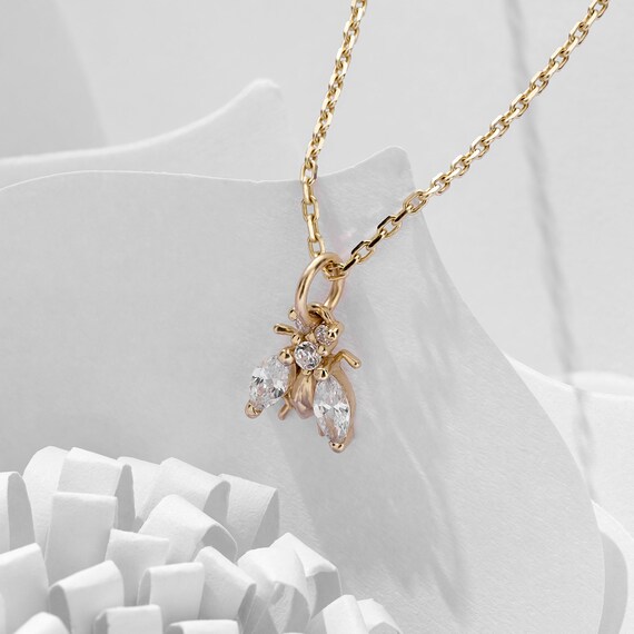 14k Solid Gold Bee Pendant minimalist Bumble Bee Necklace for