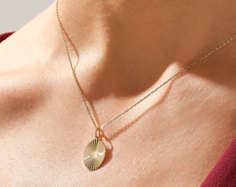 14k Gold Sun Pendant, Solid Gold Celestial Necklace for Women, Delicate Sunburst Pendant, Oval Shape Sunbeam Necklace, Ideal Birthday Gifts