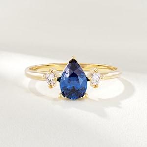 14k Gold Sapphire Engagement Ring, Solid Gold Pear Cut Blue Sapphire Solitaire Ring for Women, Dainty Teardrop Band Bridal Jewelry Gift