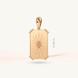 Engravable Sunburst Medallion Necklace in 14K Solid Gold, Custom Back Engraving Tag Pendant, Personalized Celestial Charm, Gift for Her