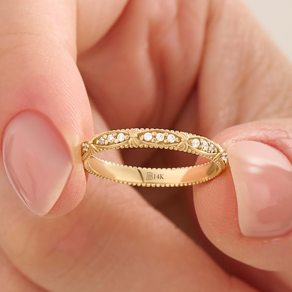 14k Solid Gold Art Deco Wedding Band, Vintage Milgrain Half Eternity Ring, Antique Style Victorian Stacking Band, Unique Fine Bridal Jewelry