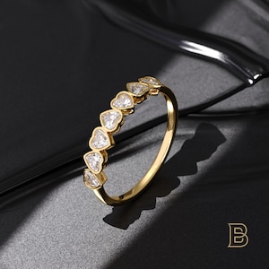 14k Solid Gold Bezel Heart Ring – Dainty Half Eternity Band for Women, Minimalist Wedding or Statement Jewelry, Unique Gift of Love