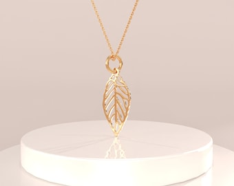 14k Solid Gold Leaf Necklace, Floral Pendant Necklace for Women, Minimalist Real Gold Pendant,Unique Design Nature Inspired Necklace