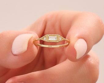 Solid Gold Baguette Signet Ring, 14k Minimalist Pinky Ring, Vintage Design Women Slim Statement Ring, Dainty Diamond Cz Stacking Band
