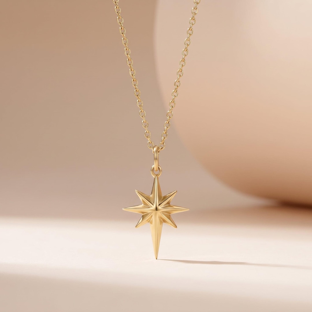 14K Solid Gold North Star Necklace, 3D Polaris Star Pendant