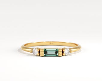 14K Solid Gold Baguette Birthstone Ring, Personalized Custom Gemstone Band, Dainty Stacking Ring for Women, Minimalist Mothers Day Gift