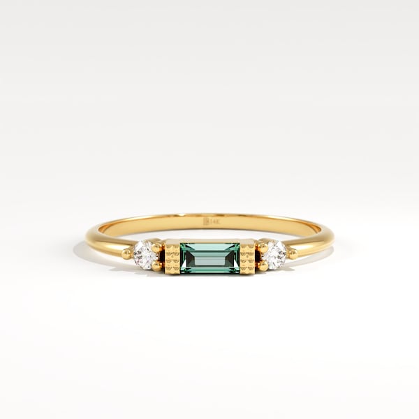 14K Solid Gold Baguette Birthstone Ring, Personalized Custom Gemstone Band, Dainty Stacking Ring for Women, Minimalist Mothers Day Gift