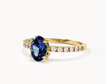 Oval Sapphire Solitaire Ring 14K Solid Gold, Dainty Minimalist Engagement Ring for Women, Alternative Promise Ring, Gift for Her
