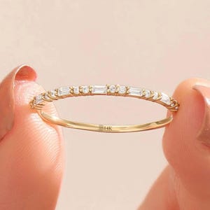14K Solid Gold Baguette Wedding Band, Half Eternity Stacking Ring, Thin Minimalist Stackable Jewelry, Gift
