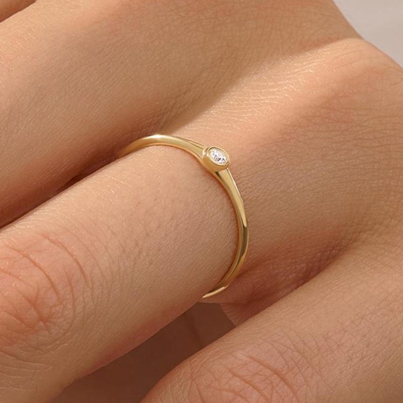 14k Gold Bezel Lab Diamond Ring – Minimalist Solitaire Promise Ring for Women, Stacking Jewelry image 3