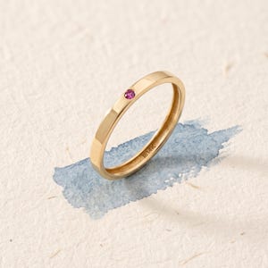 Flush Set Ruby Ring for Women, 10K Solid Gold Thin Stacking Band 40th Anniversary Gift for Her