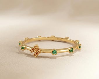 14k Solid Gold Emerald Rosary Ring, Cross Pinky Ring, Finger Rosary Cross Ring, Dainty Catholic Religious Ring