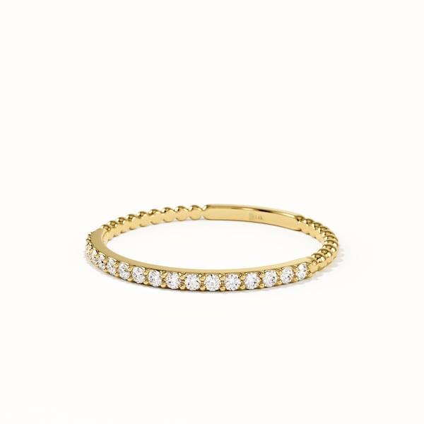 14k Solid Gold Half Eternity Ring, Ultra Thin Pave Wedding Band, Delicate Stackable Promise Ring, Unique Fine Bridal Jewelry