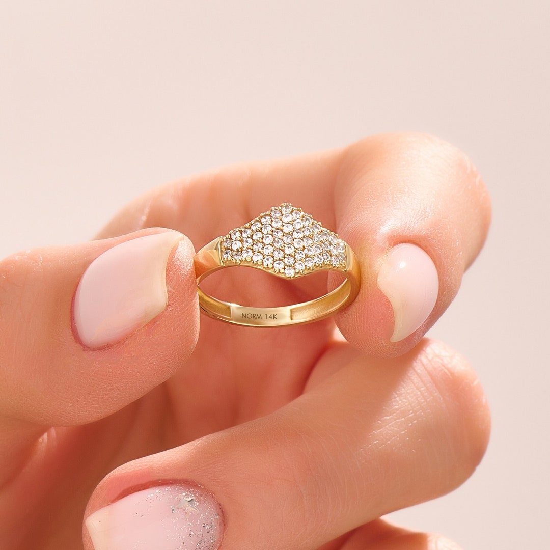 Elegant Pave Ring, 14k Gold Minimalist Pinky Ring for Women