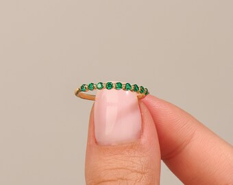 14k Gold Emerald Stacking Ring, Solid Gold Green Wedding Ring for Women, Minimalist Half Eternity Ring, Layering Ring, Thin Stackable Bands