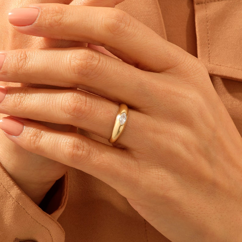 Bezel Dome Ring, 14k Solid Gold Chunky Statement Ring, East West Bubble Ring, Bold Pinky Ring, Diamond Cz Marquise Ring, Thick Bubble Ring image 3