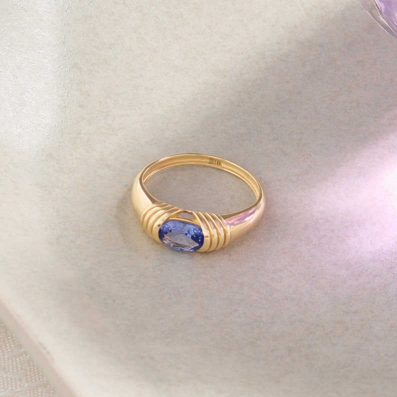 14k Gold Tanzanite Ring Solid Gold Purple Stone Ring Oval East West Statement Ring Chunky High Dome Rings for Women Bubble Gemstone Ring image 5