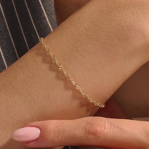 14K Solid Gold Singapore Chain Bracelet, Thin Twisted Bracelet for Women, Dainty Everyday Gift for Her