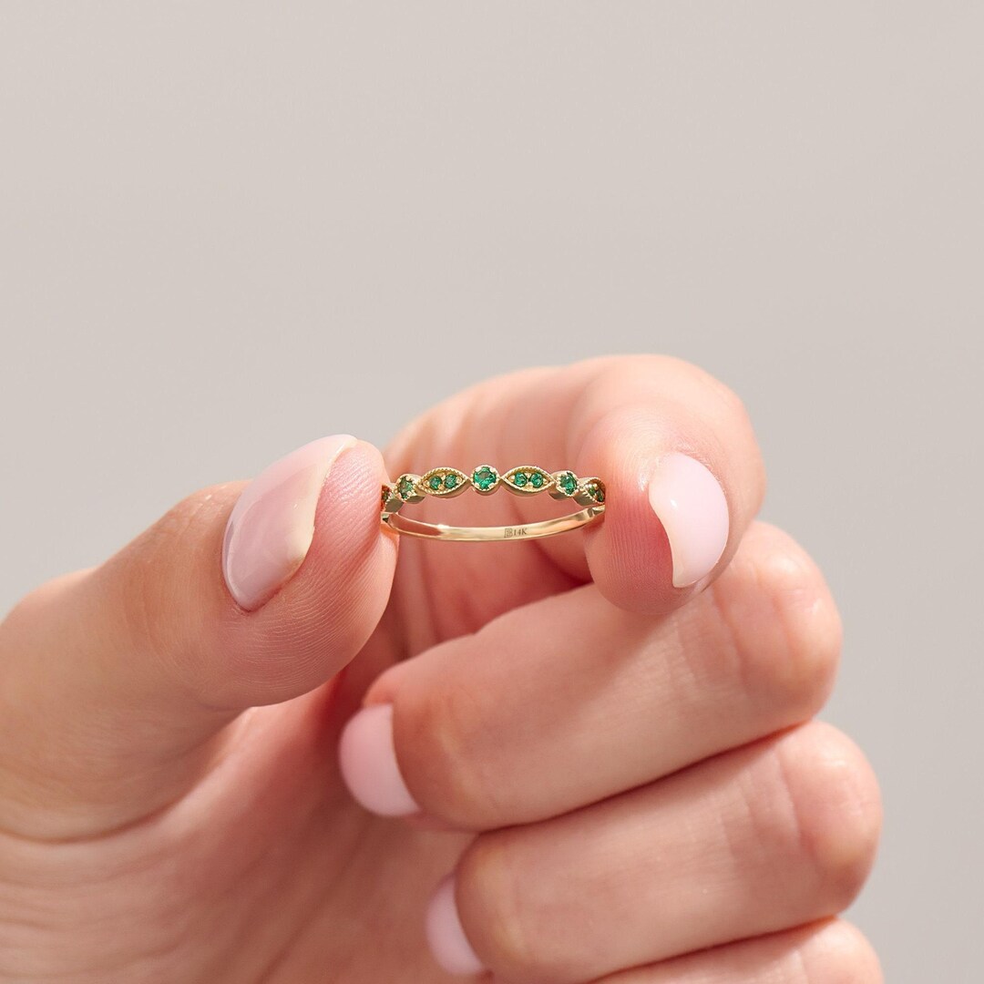 14K Solid Gold Emerald Eternity Band, Marquise Eye Wedding Ring ...