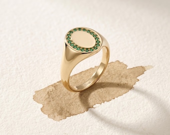 14K Solid Gold Lab Emerald Signet Ring | Oval Halo, May Birthstone Ring for Women