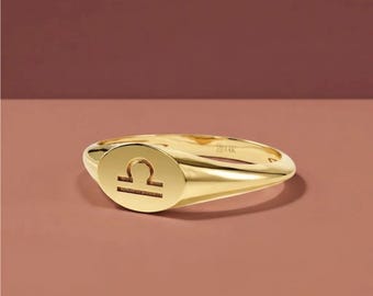 14K Gold Zodiac Signet Ring, Astrology Symbol Jewelry, Minimalist Solid Gold Band, Meaningful Celestial Gift for Her