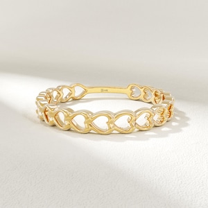 Heart Infinity Ring Solid 10K Gold Tiny Hearts Stacking Band Minimalist Love Promise Women Simple Ideal for Daily Wear Yellow Rose White