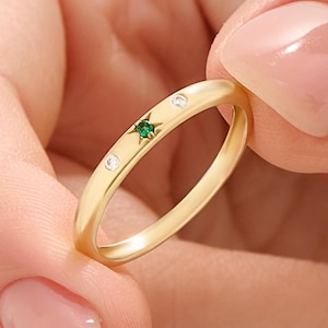 14K Solid Gold Emerald Wedding Band, Hand Set Green Gemstone Stackable Ring, Dainty Gift