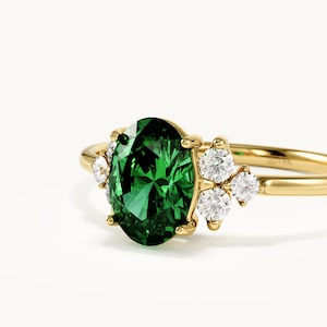Emerald Engagement Ring, Oval Lab Grown Emerald in Solid Gold with Clustered Side Stones, May Birthstone