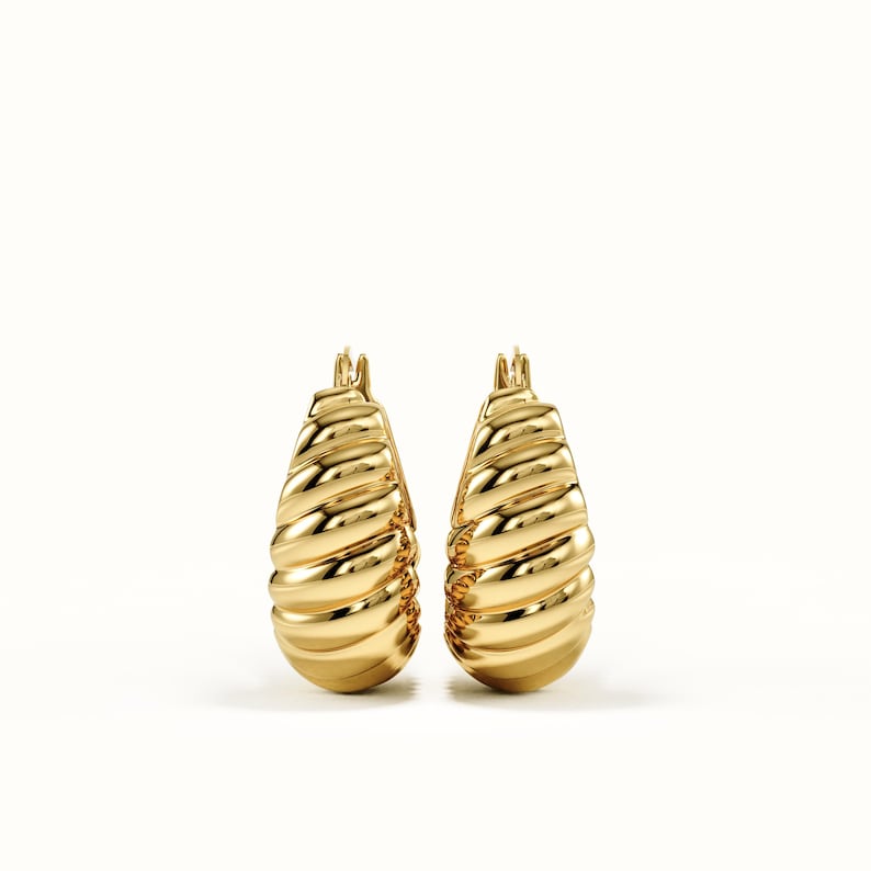 Croissant Hoop Earrings in 14K Gold Vermeil, Chunky Ribbed Dome Huggies, 925 Sterling Silver Base, Retro Anniversary Gift for Her image 5