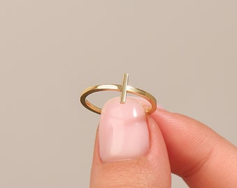 Small Plain Cross Ring, 14k Solid Gold Sideways Cross Ring, Minimalist Christian Ring Women, Simple Faith Ring, Yellow Rose White Gold